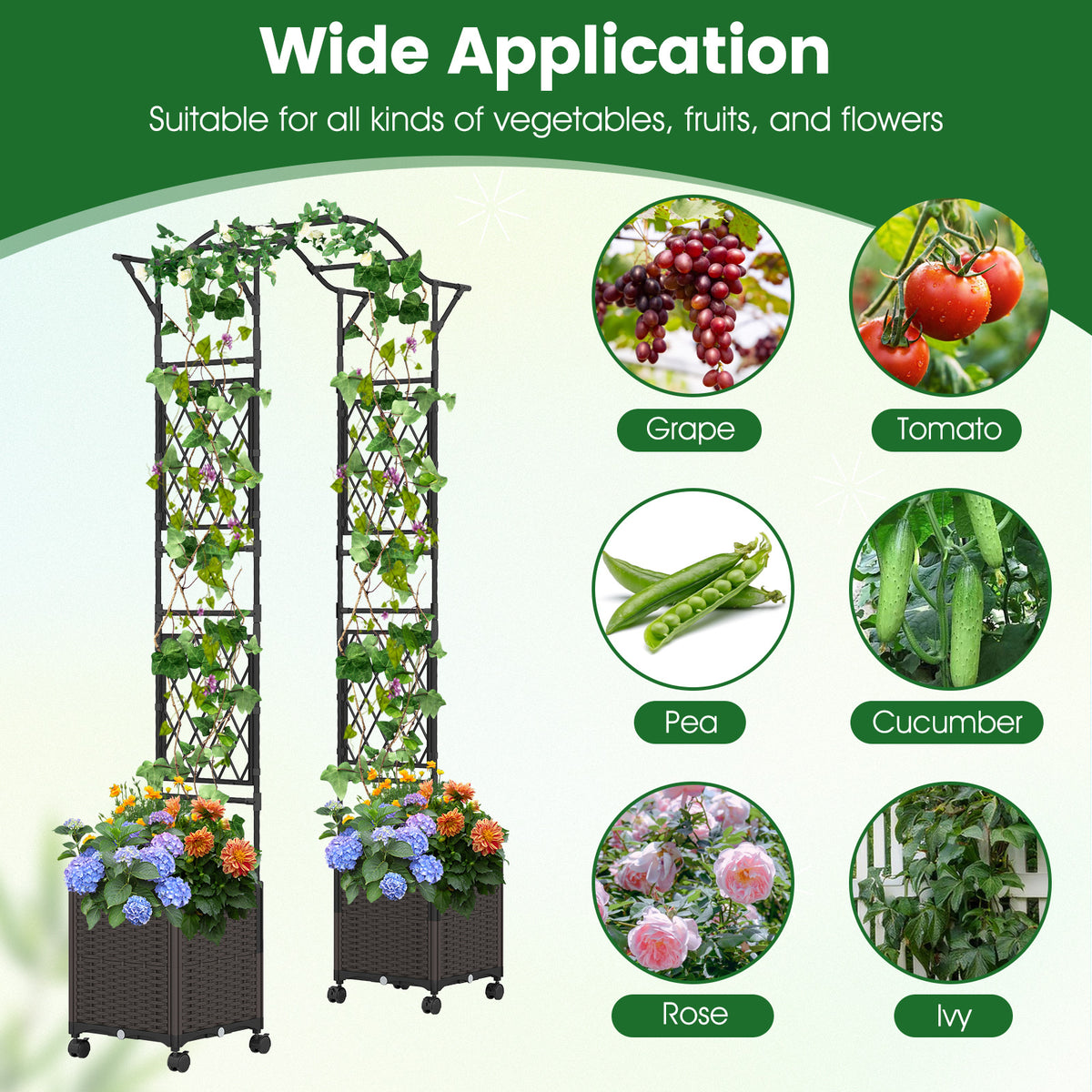 Garden Arch Trellis with Self-Watering Planters & Wheels - 8.25 FT, Black
