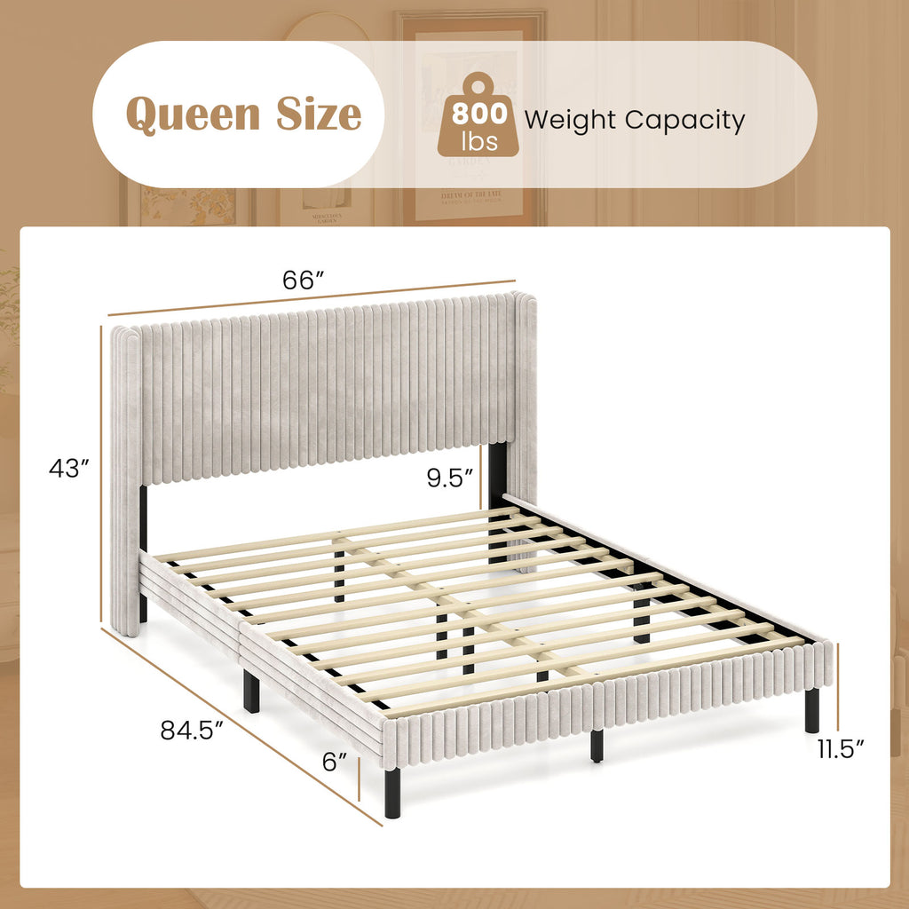 Queen Size Velvet Bed Frame with Wingback Headboard - White