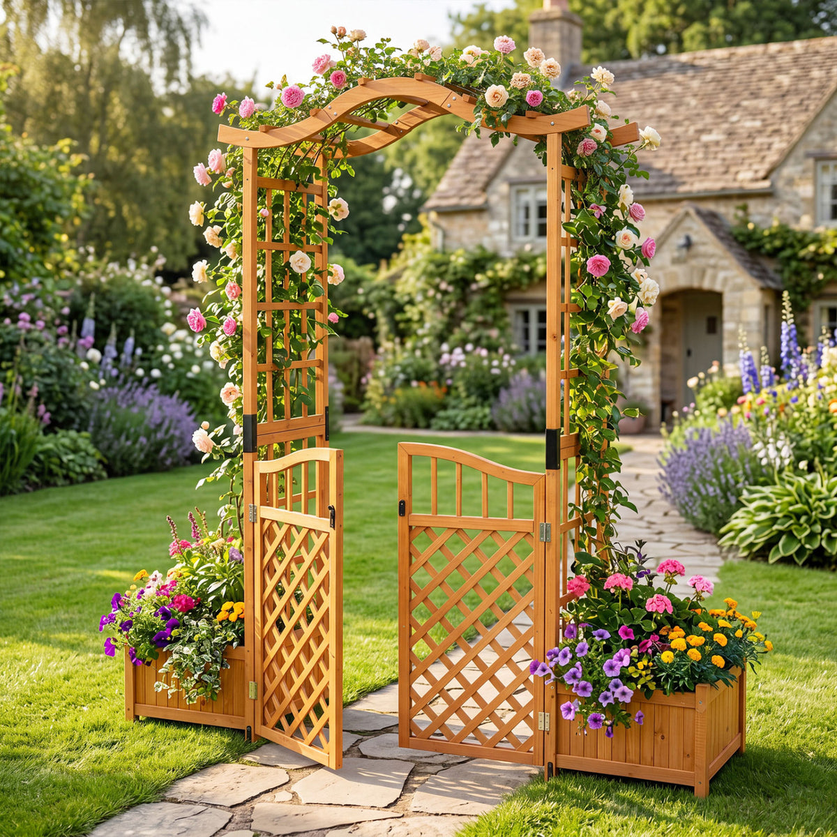83" Garden Arbor with Gate and 2 Planter Boxes