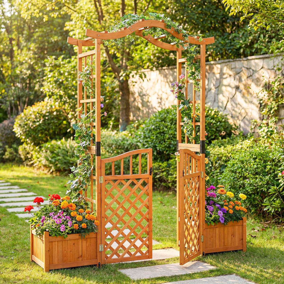 83" Garden Arbor with Gate and 2 Planter Boxes