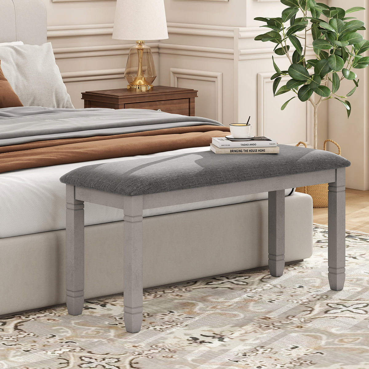 Upholstered Bedroom Bench with Storage, Gray