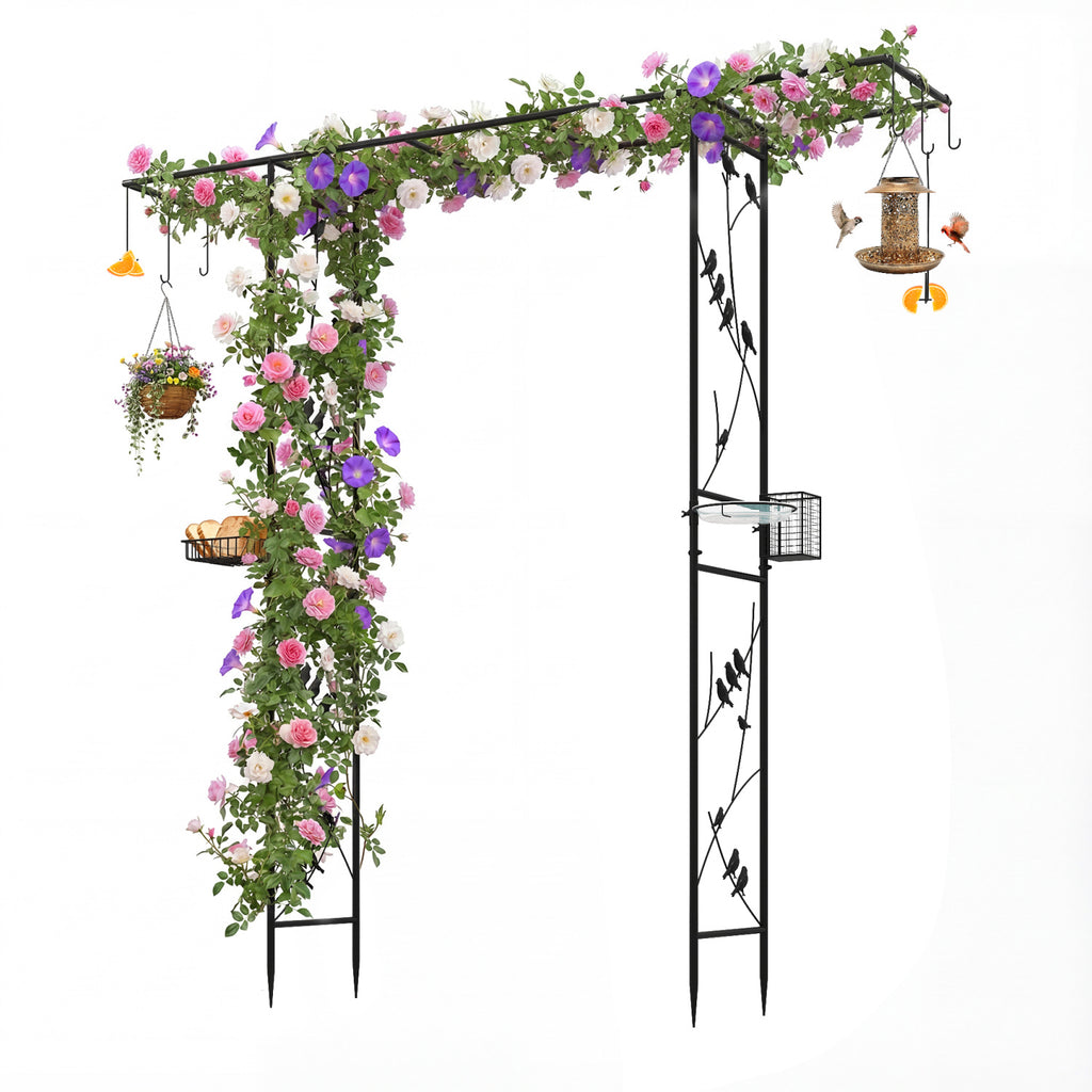 84 Inch Garden Arbor Feeding Station with Water Bowl and Mesh Tray