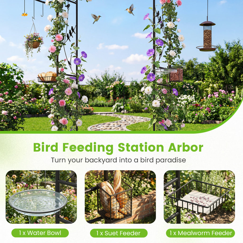 84 Inch Garden Arbor Feeding Station with Water Bowl and Mesh Tray