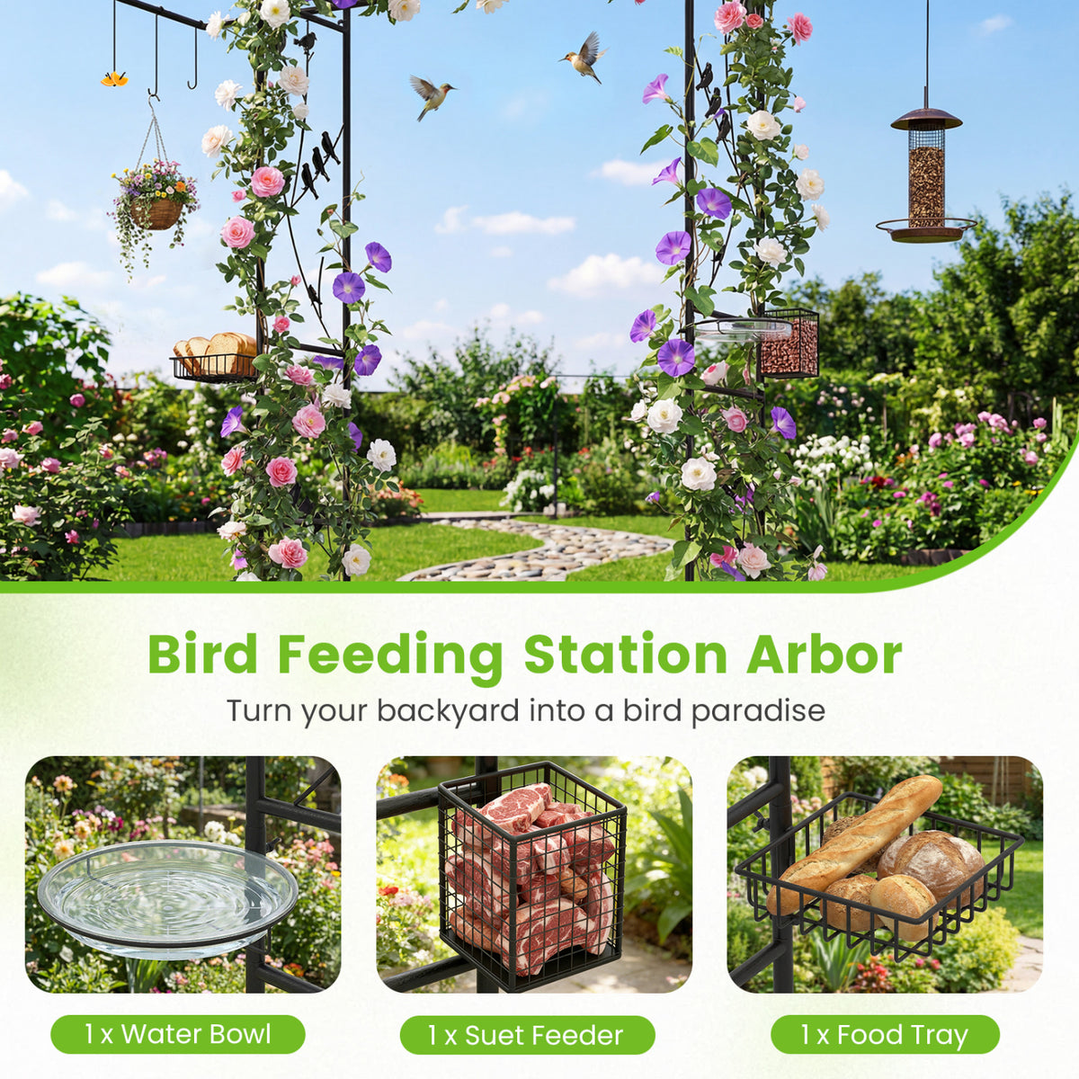 84 Inch Garden Arbor Feeding Station with Water Bowl and Mesh Tray