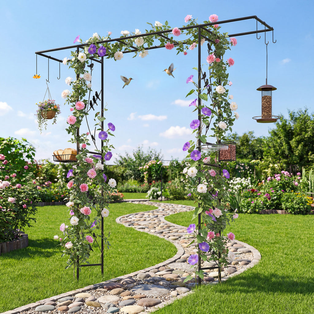 84 Inch Garden Arbor Feeding Station with Water Bowl and Mesh Tray