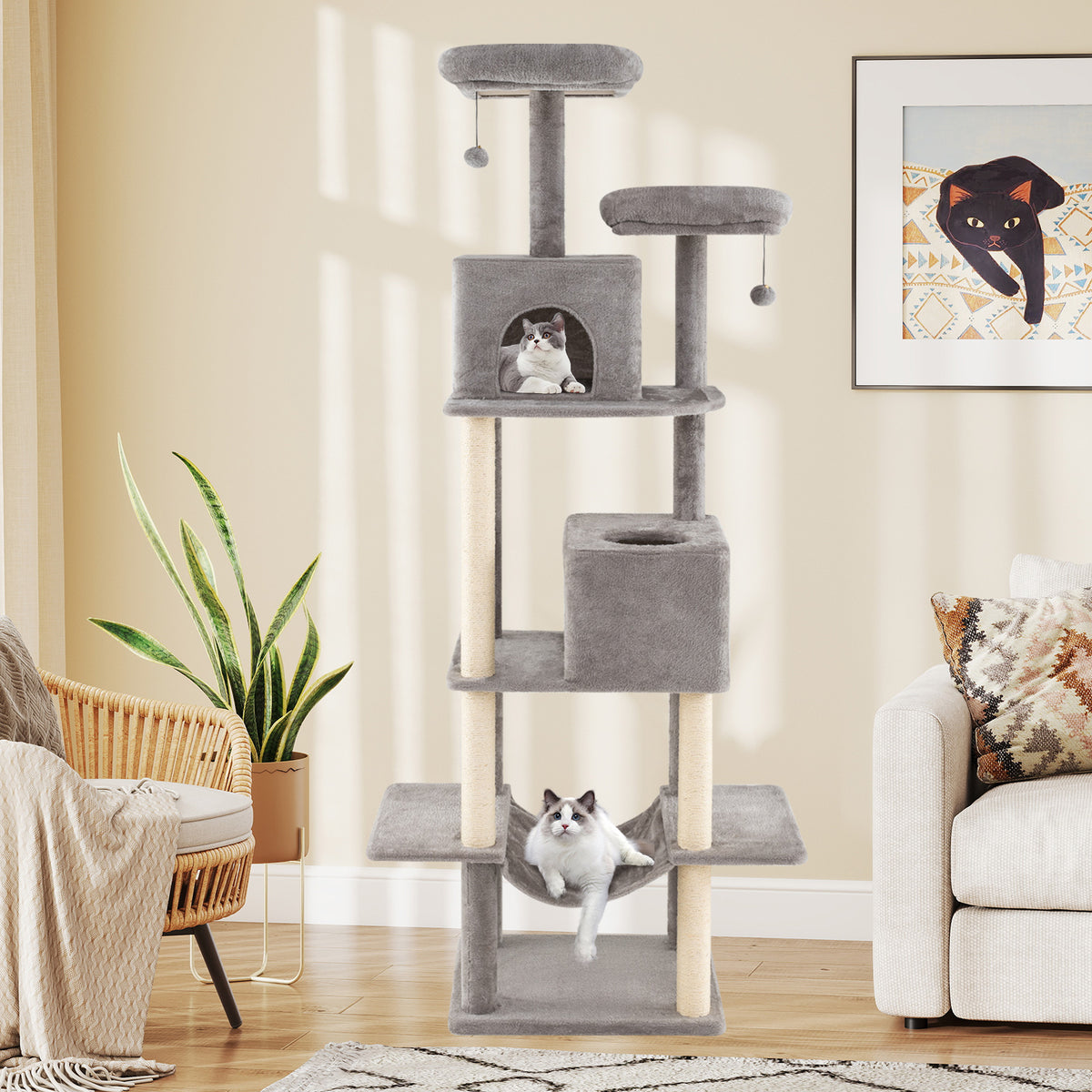 84 Inch Large Cat Tree with 2 Condos & Plush Perches - Gray Variation