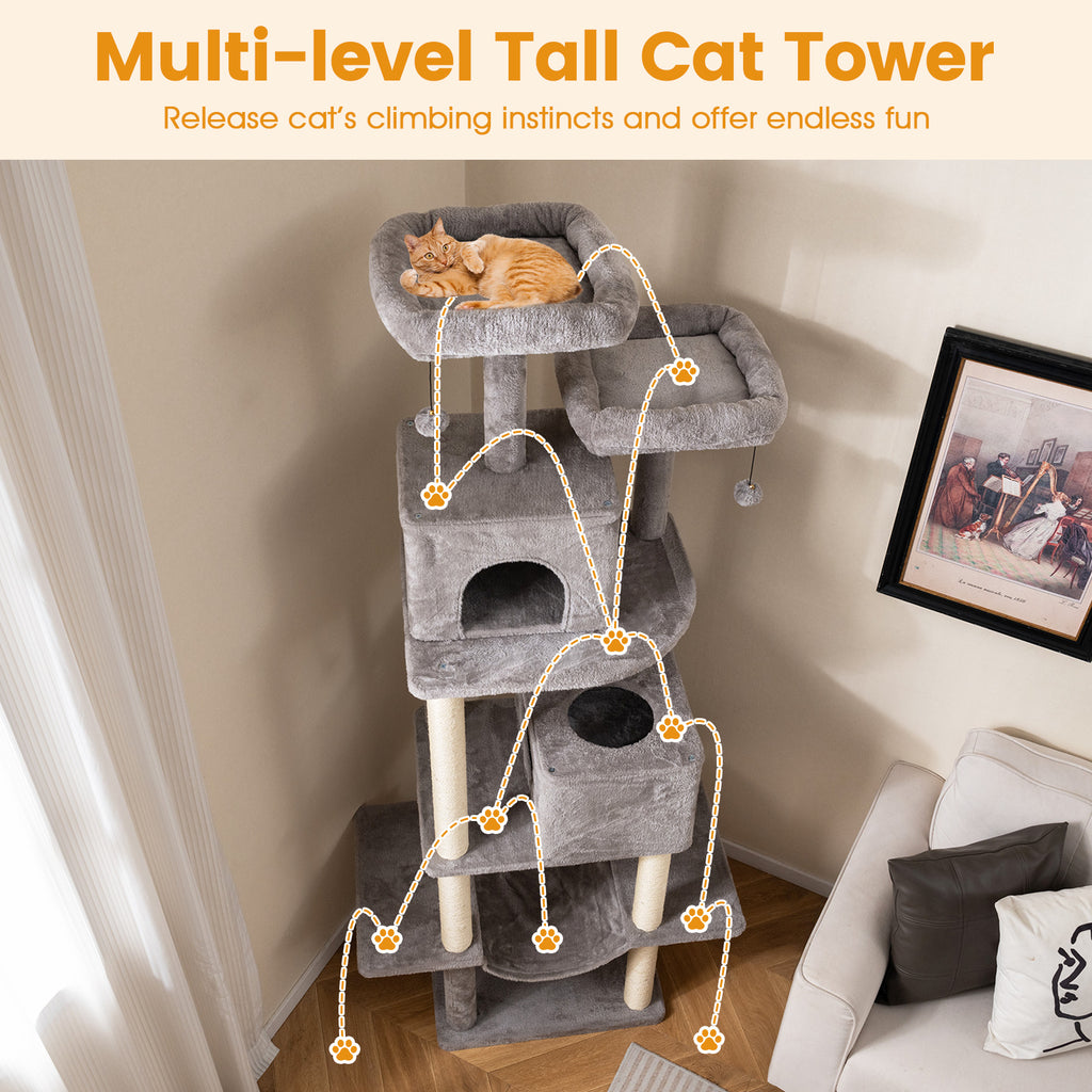 84 Inch Large Cat Tree with 2 Condos & Plush Perches - Gray Variation