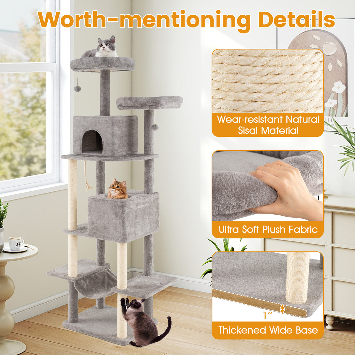 84 Inch Large Cat Tree with 2 Condos & Plush Perches - Gray Variation