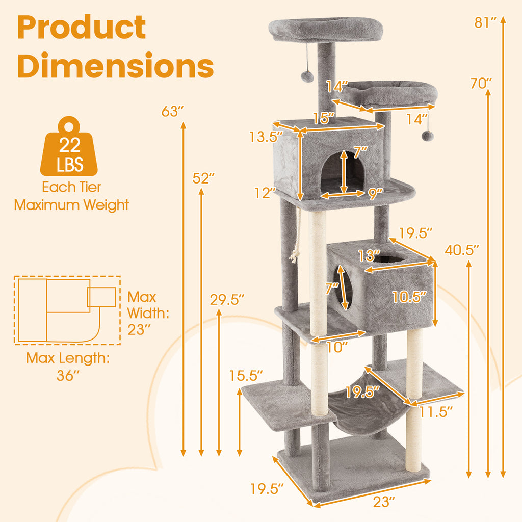 84 Inch Large Cat Tree with 2 Condos & Plush Perches - Gray Variation