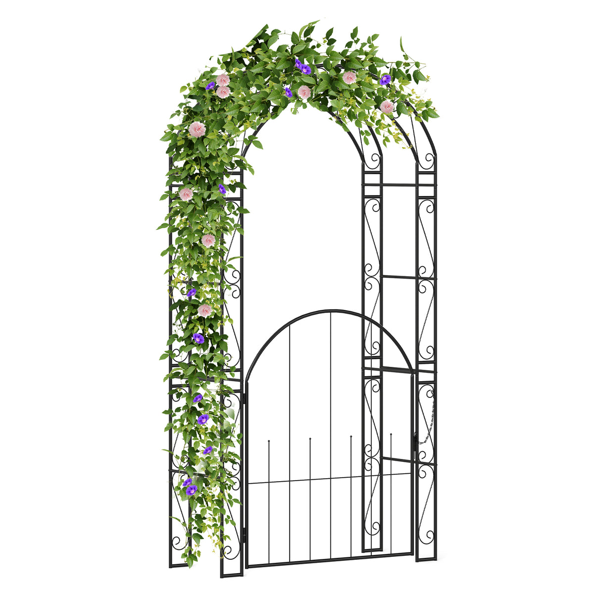 84 Inch Metal Garden Arch with Gate and Trellis