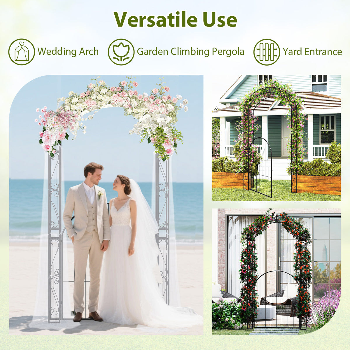 84 Inch Metal Garden Arch with Gate and Trellis
