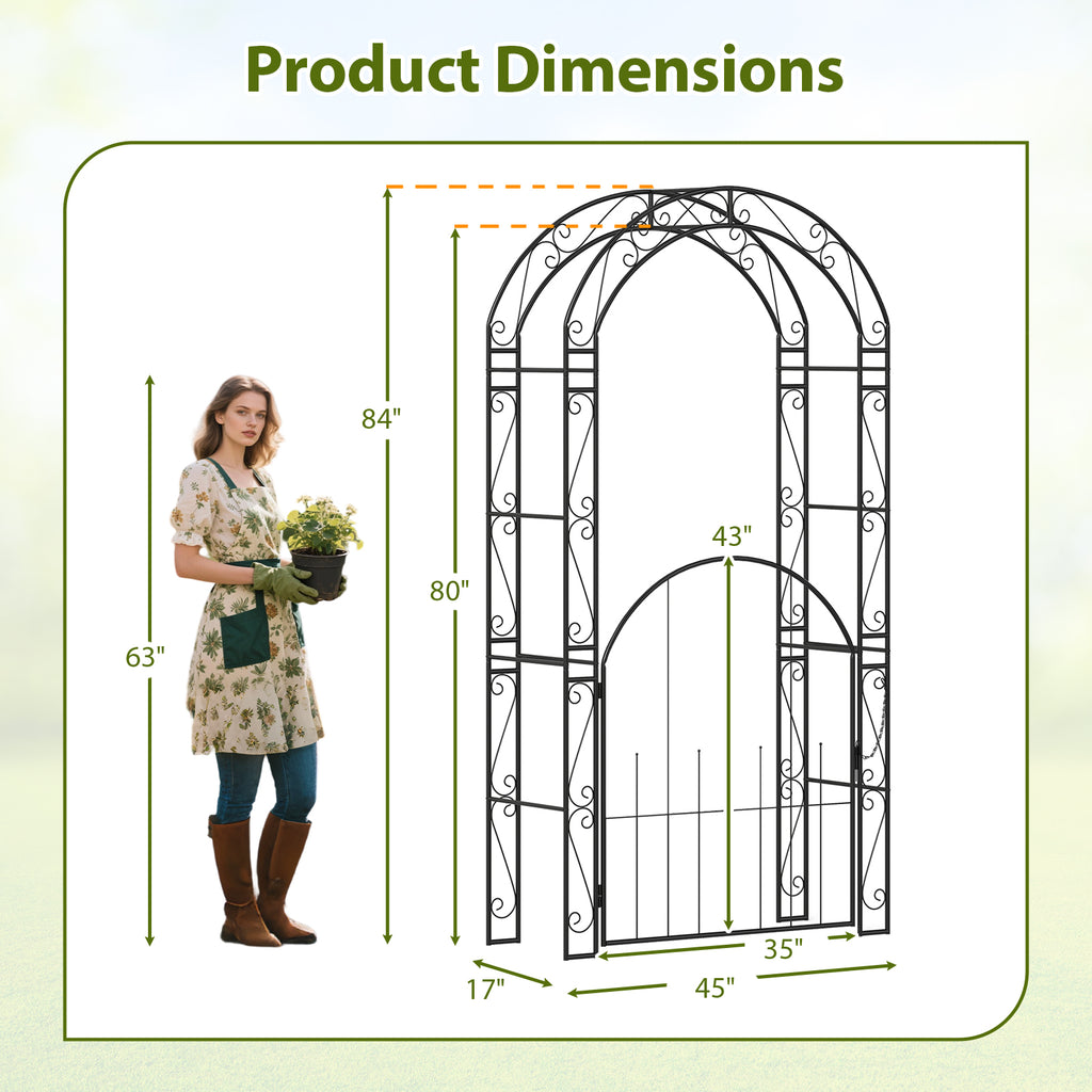 84 Inch Metal Garden Arch with Gate and Trellis