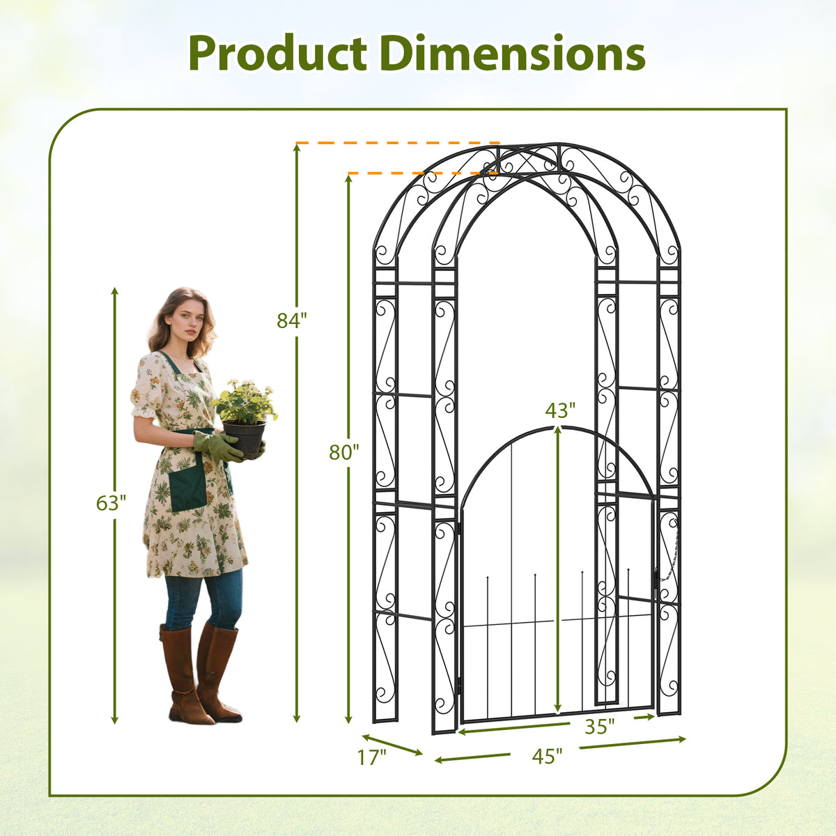 84 Inch Metal Garden Arch with Gate and Trellis
