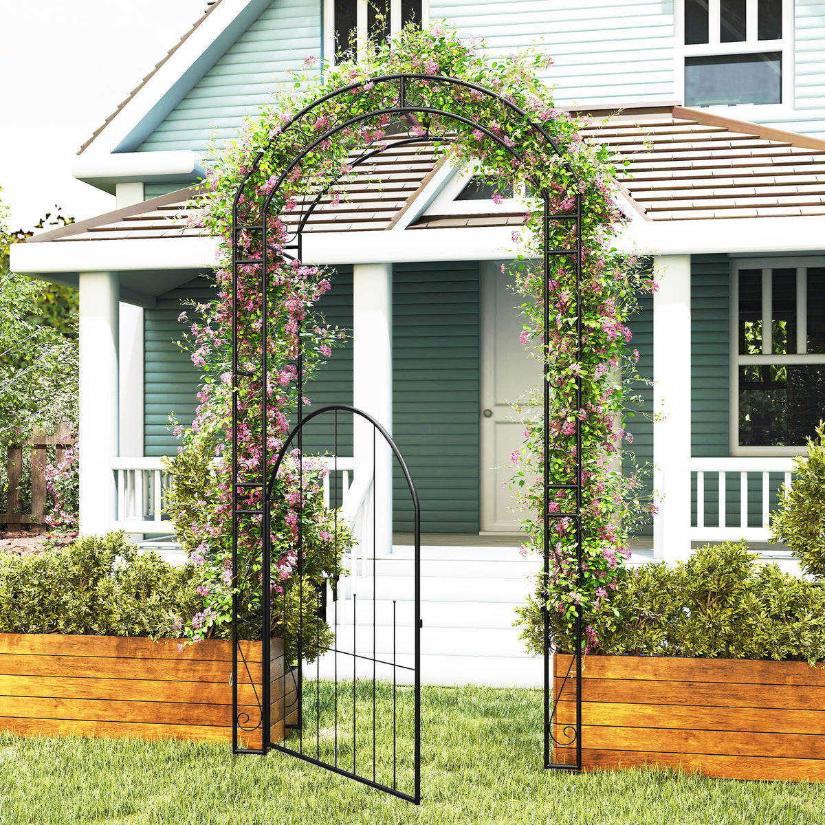 84 Inch Metal Garden Arch with Gate and Trellis