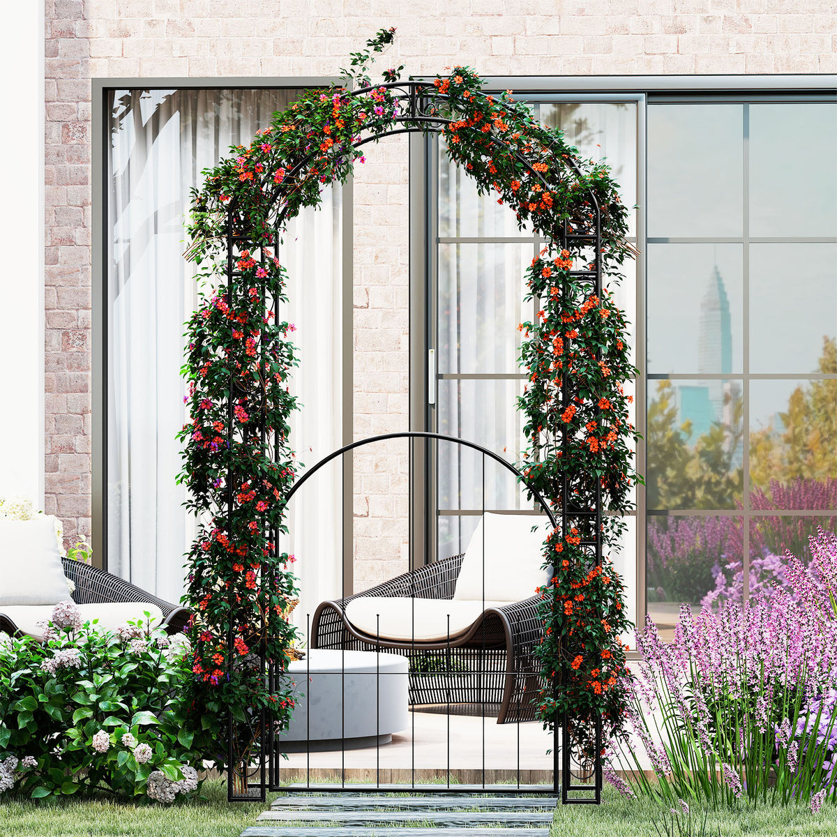 84 Inch Metal Garden Arch with Gate and Trellis