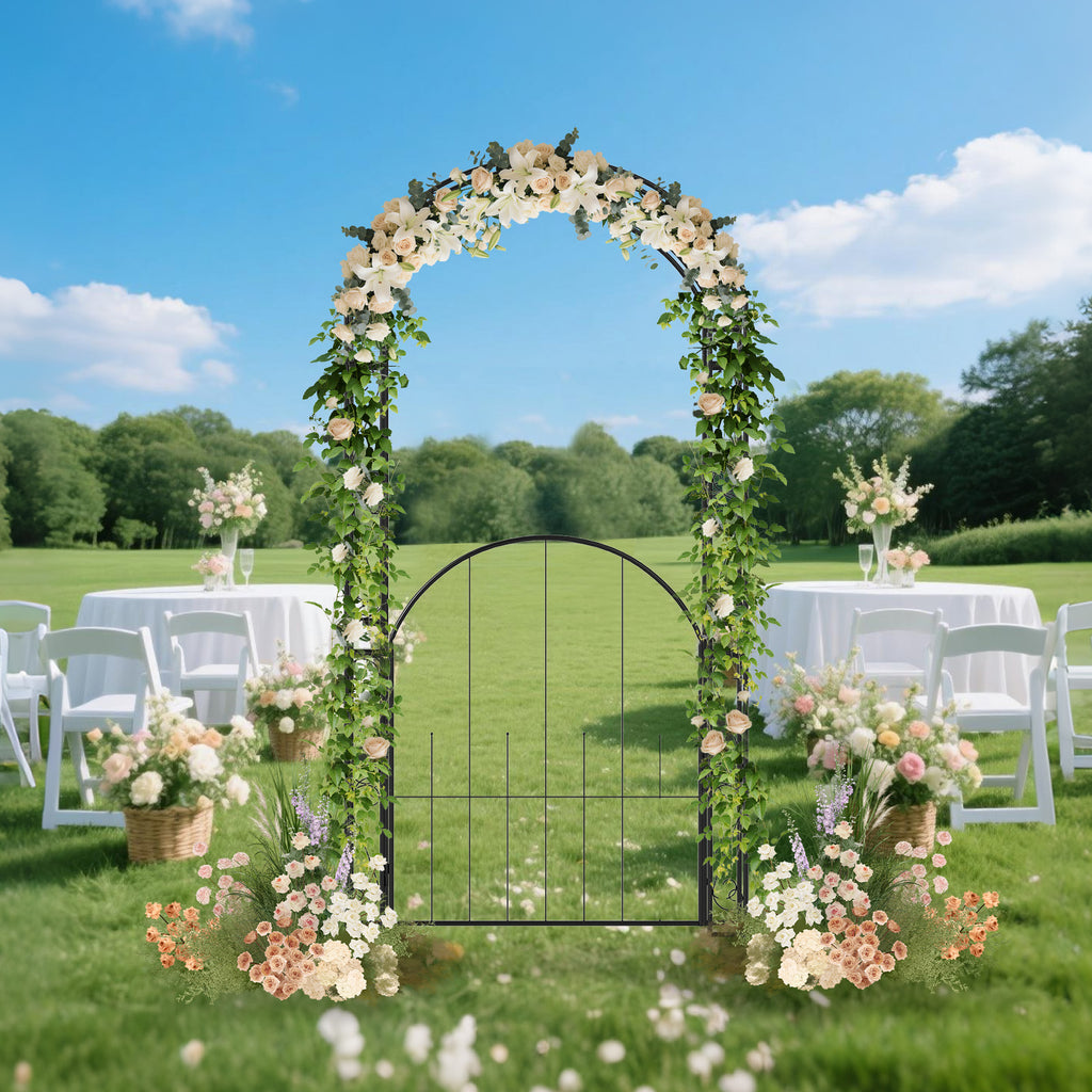 84 Inch Metal Garden Arch with Gate and Trellis