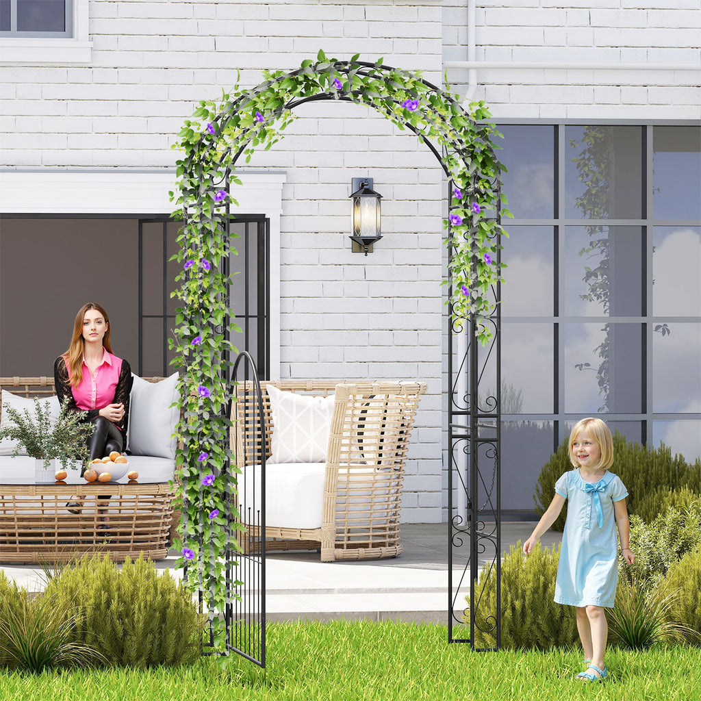 84 Inch Metal Garden Arch with Gate and Trellis