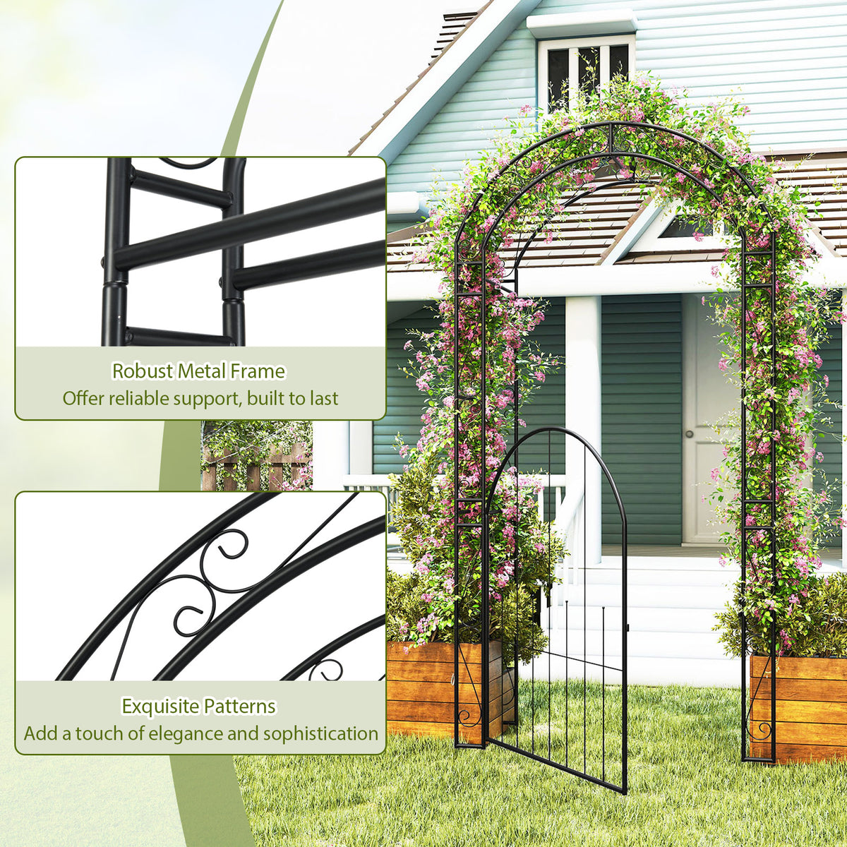 84 Inch Metal Garden Arch with Gate and Trellis