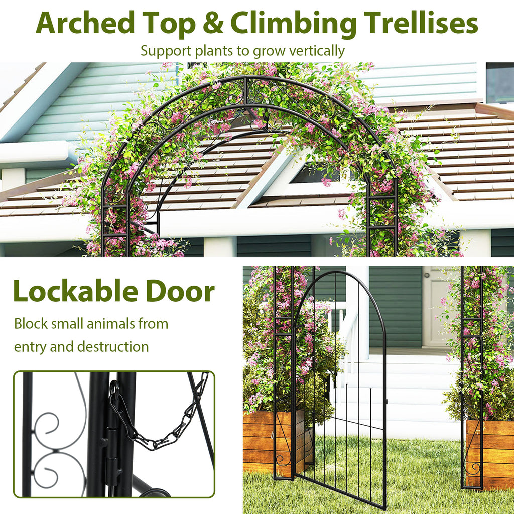 84 Inch Metal Garden Arch with Gate and Trellis