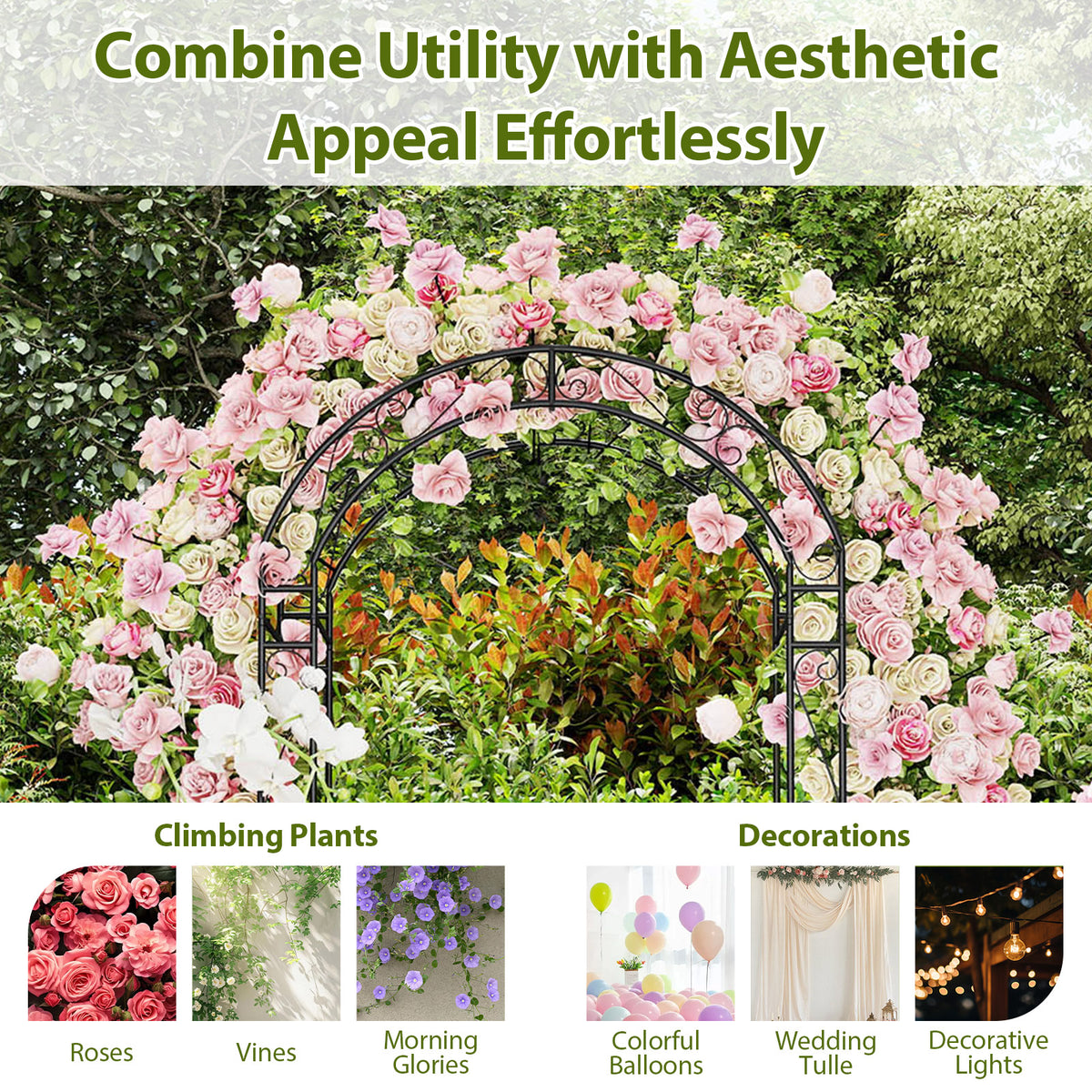 84 Inch Metal Garden Arch with Gate and Trellis