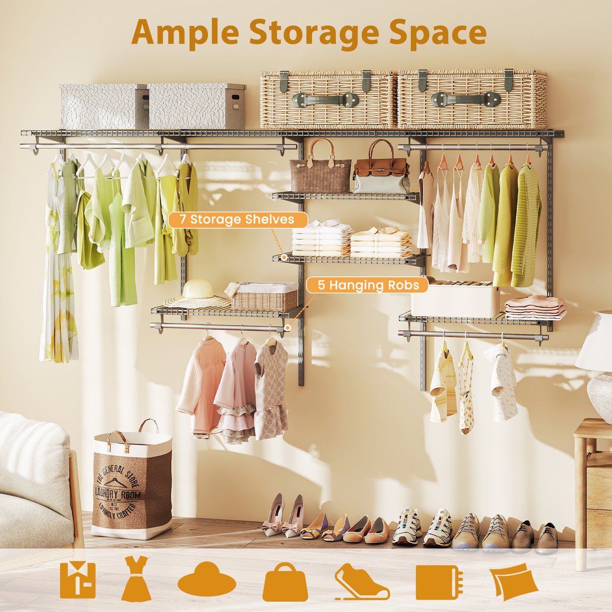 4-8 Feet Closet Organizers and Storage System with Hanging Rod for