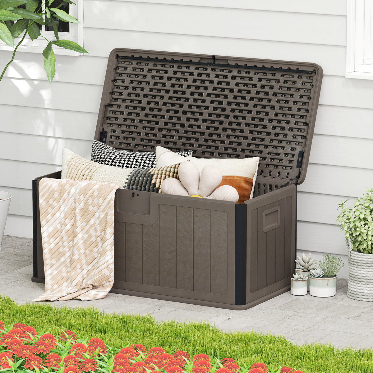 100 Gallon Deck Box with Lockable Lid - Black & Brown