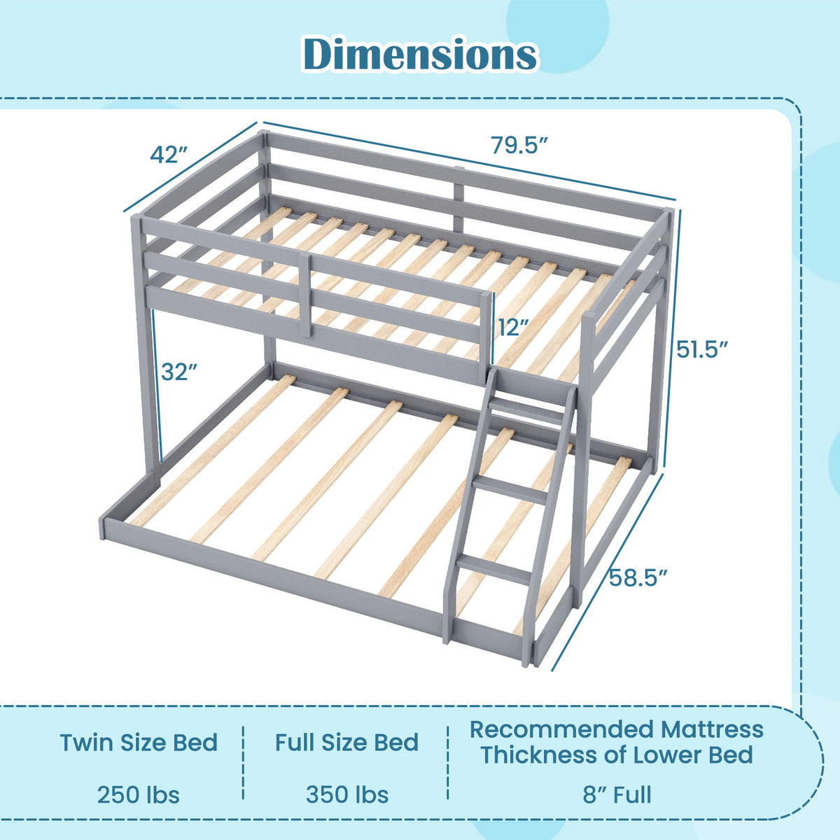 Twin Over Full Bunk Bed Low Floor Pine Wood - Gray