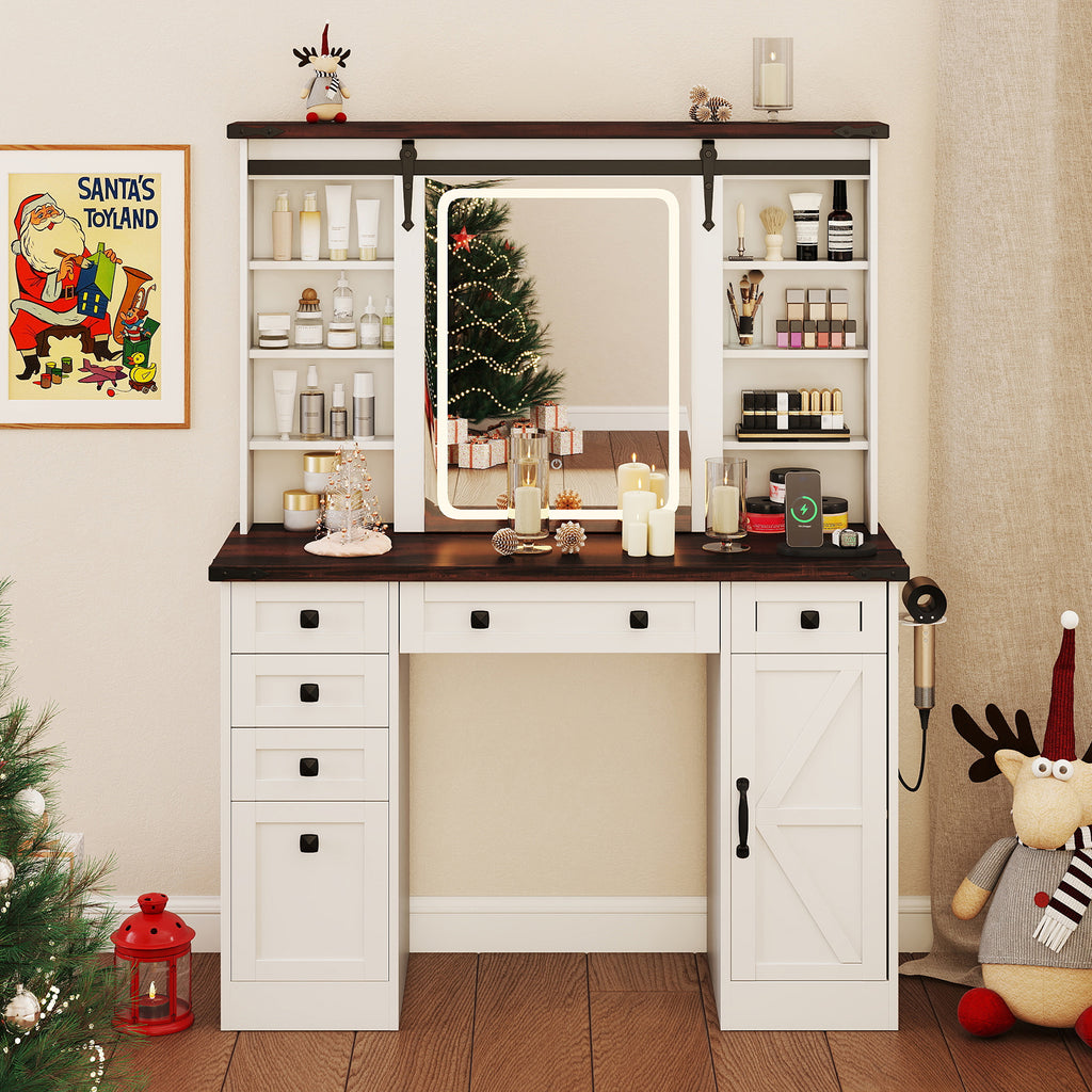Farmhouse Vanity Desk with Sliding Mirror & 3 Lighting Modes, White