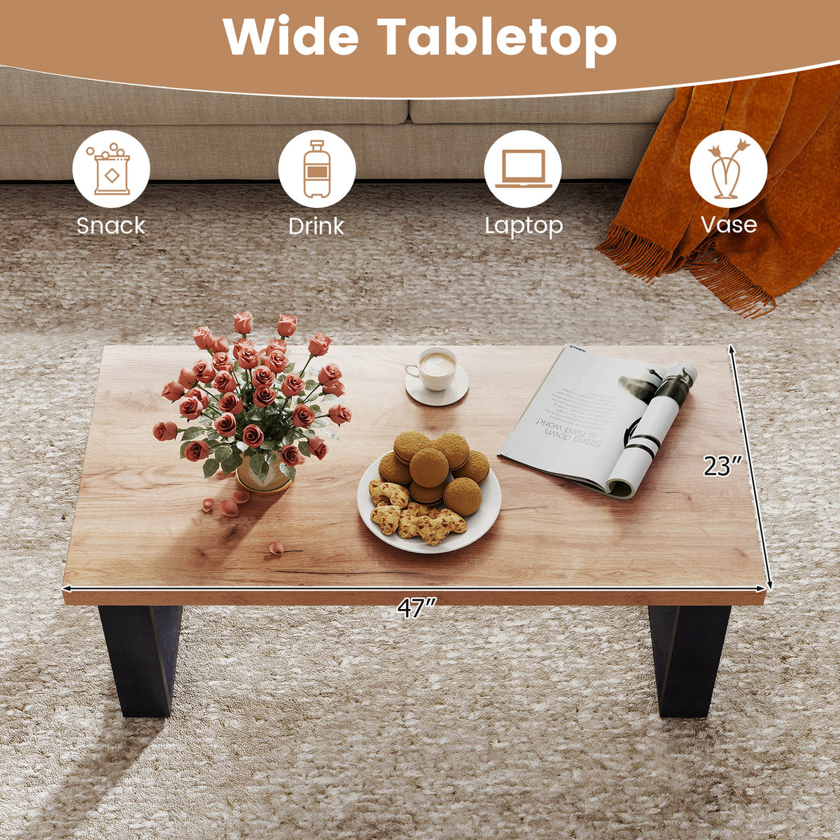 47" Farmhouse Coffee Table with Thickened Tabletop - Oak