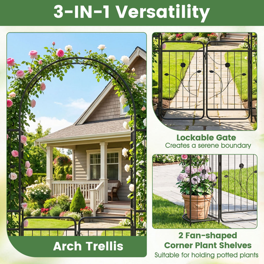 87 inch Tall Garden Arch with Gate Planter Shelves Climbing Trellises