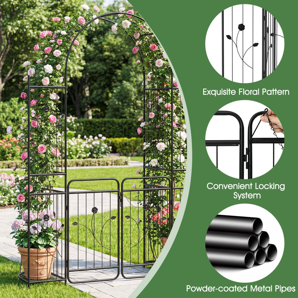87 inch Tall Garden Arch with Gate Planter Shelves Climbing Trellises