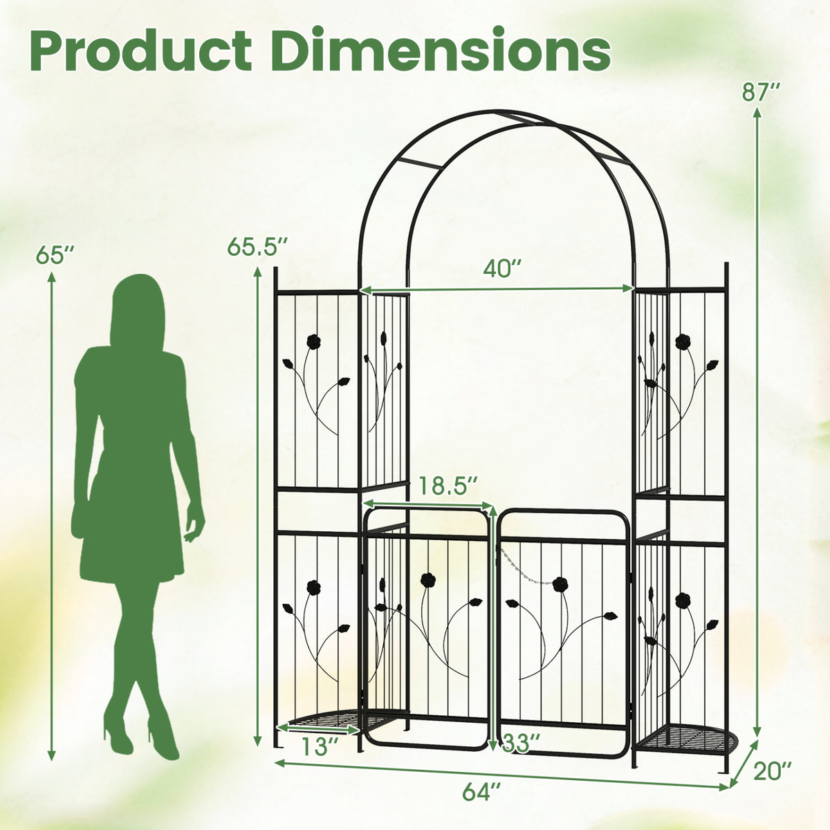 87 inch Tall Garden Arch with Gate Planter Shelves Climbing Trellises