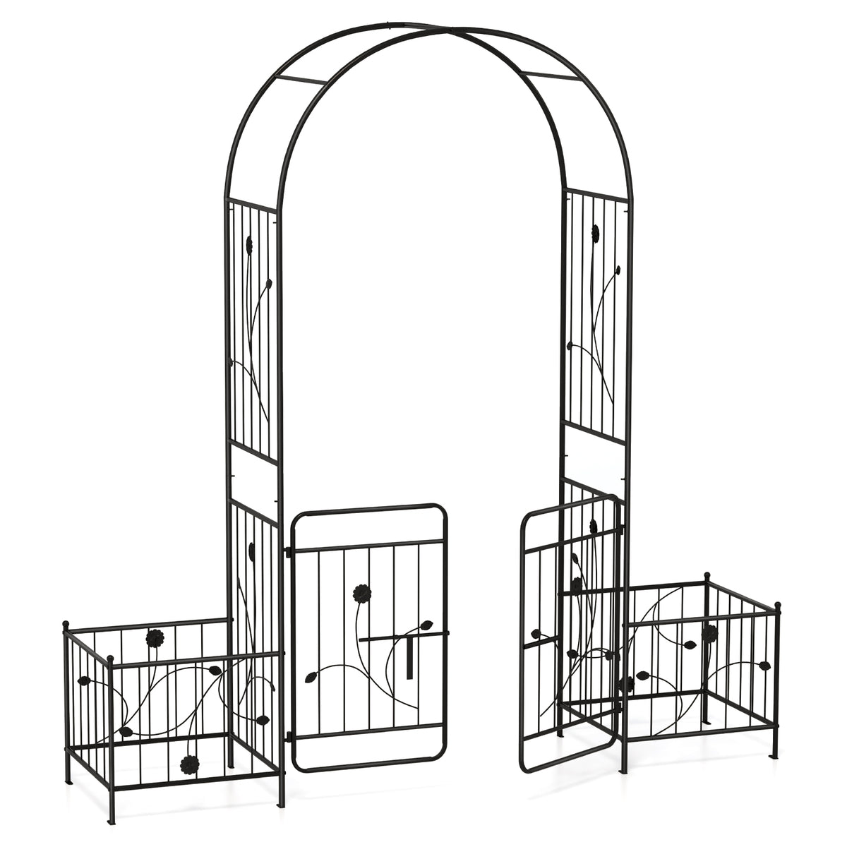 87-Inch Garden Arbor with Gate and Side Planters, Black