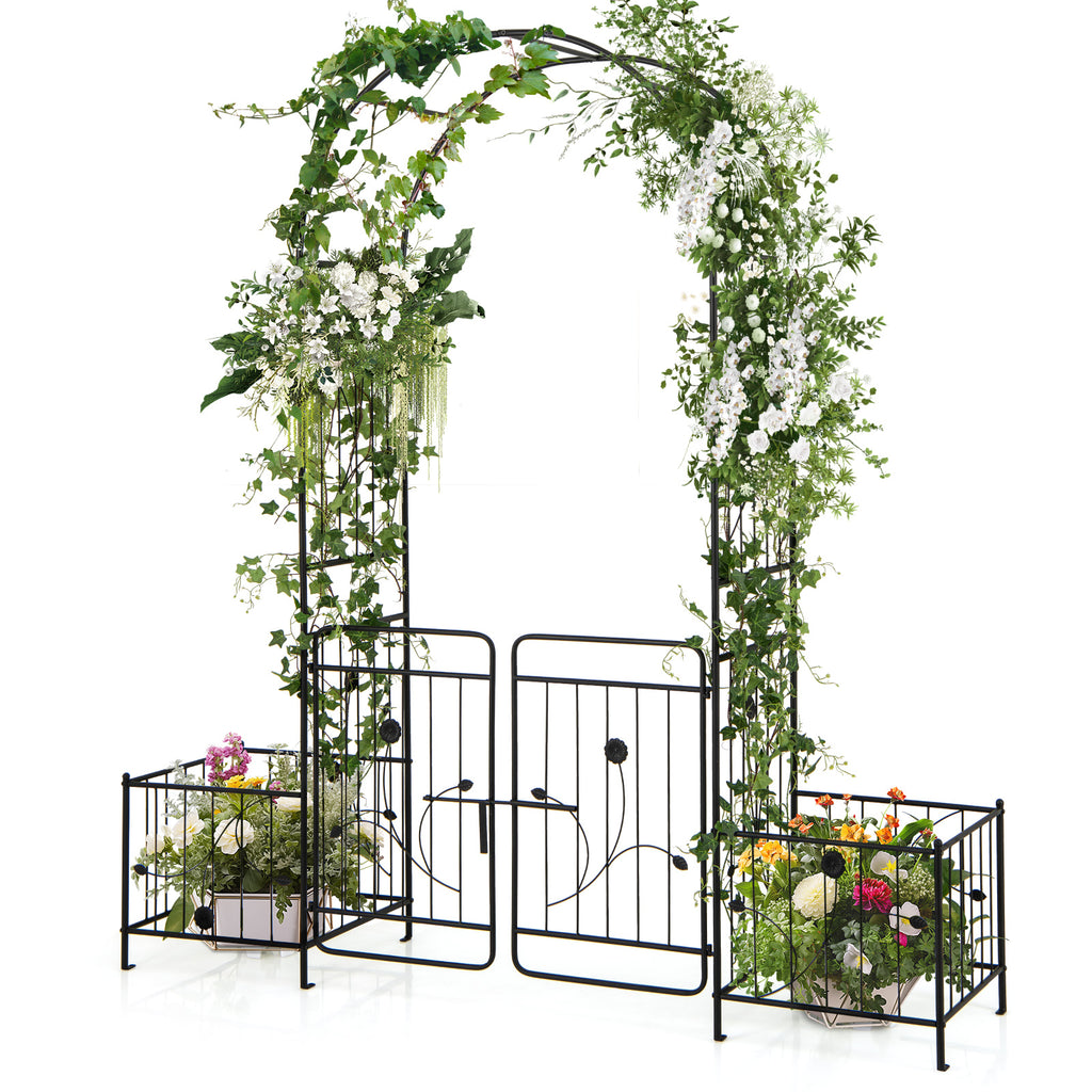 87-Inch Garden Arbor with Gate and Side Planters, Black