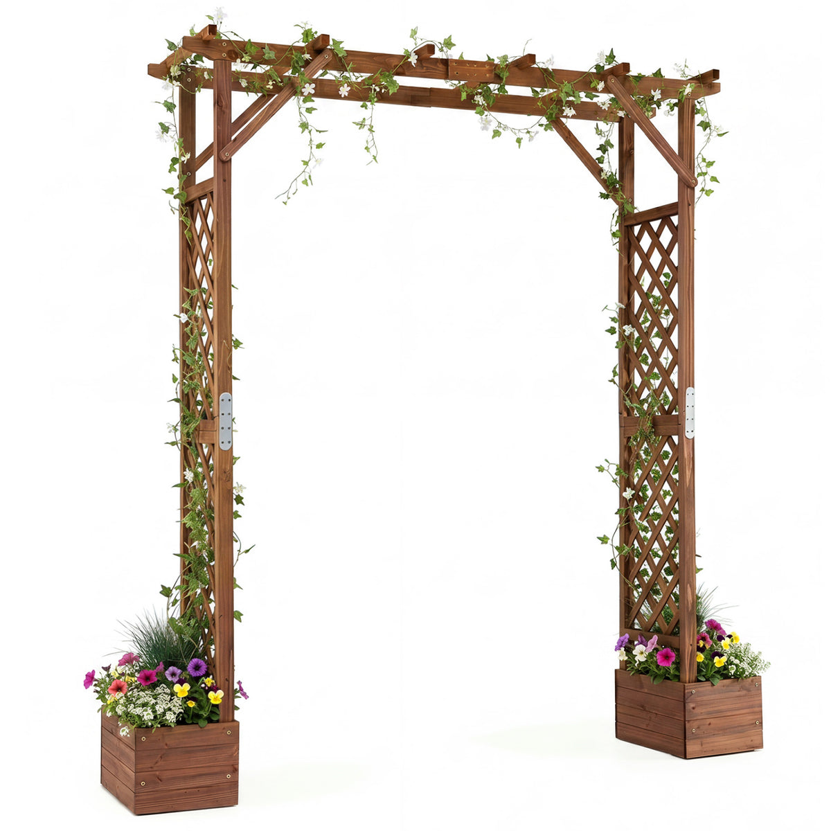 87in Tall Wooden Garden Arbor with Planter Boxes and Hanging Roof for