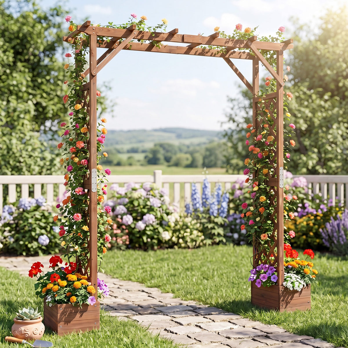 87in Tall Wooden Garden Arbor with Planter Boxes and Hanging Roof for