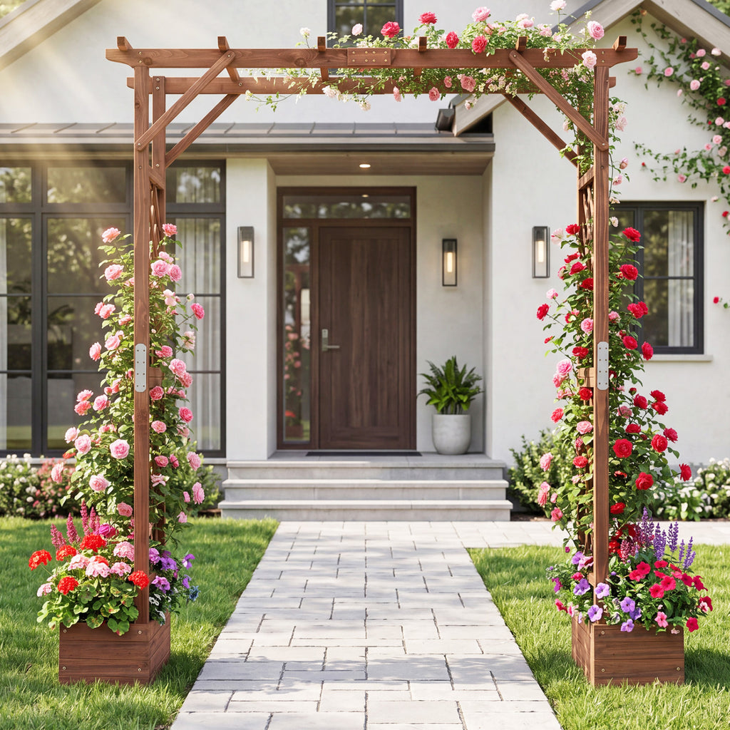 87in Tall Wooden Garden Arbor with Planter Boxes and Hanging Roof for