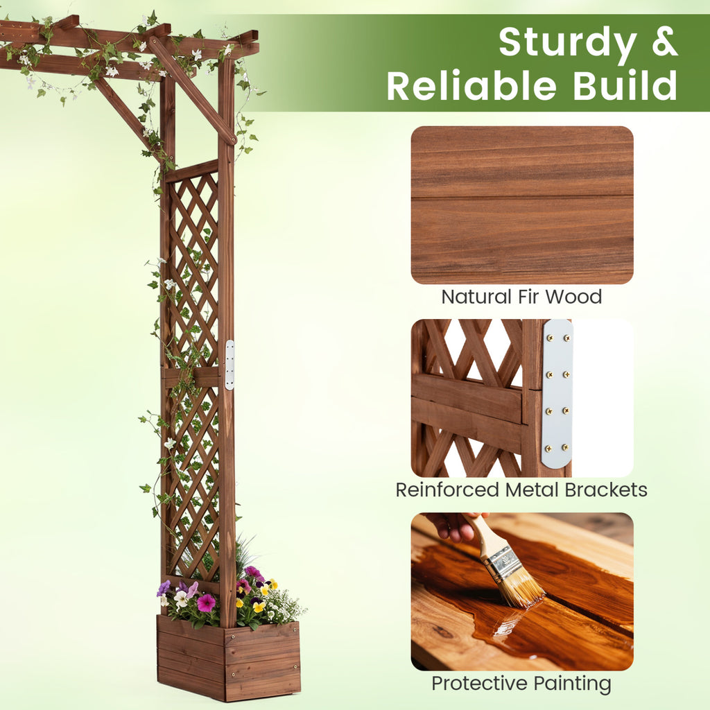 87in Tall Wooden Garden Arbor with Planter Boxes and Hanging Roof for