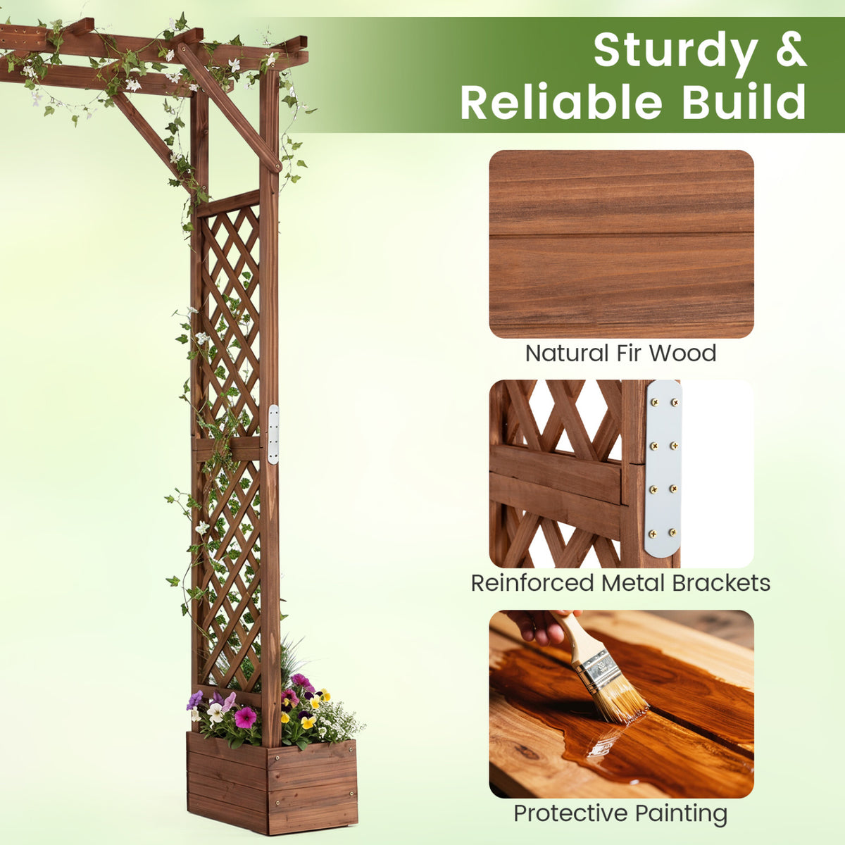 87in Tall Wooden Garden Arbor with Planter Boxes and Hanging Roof for