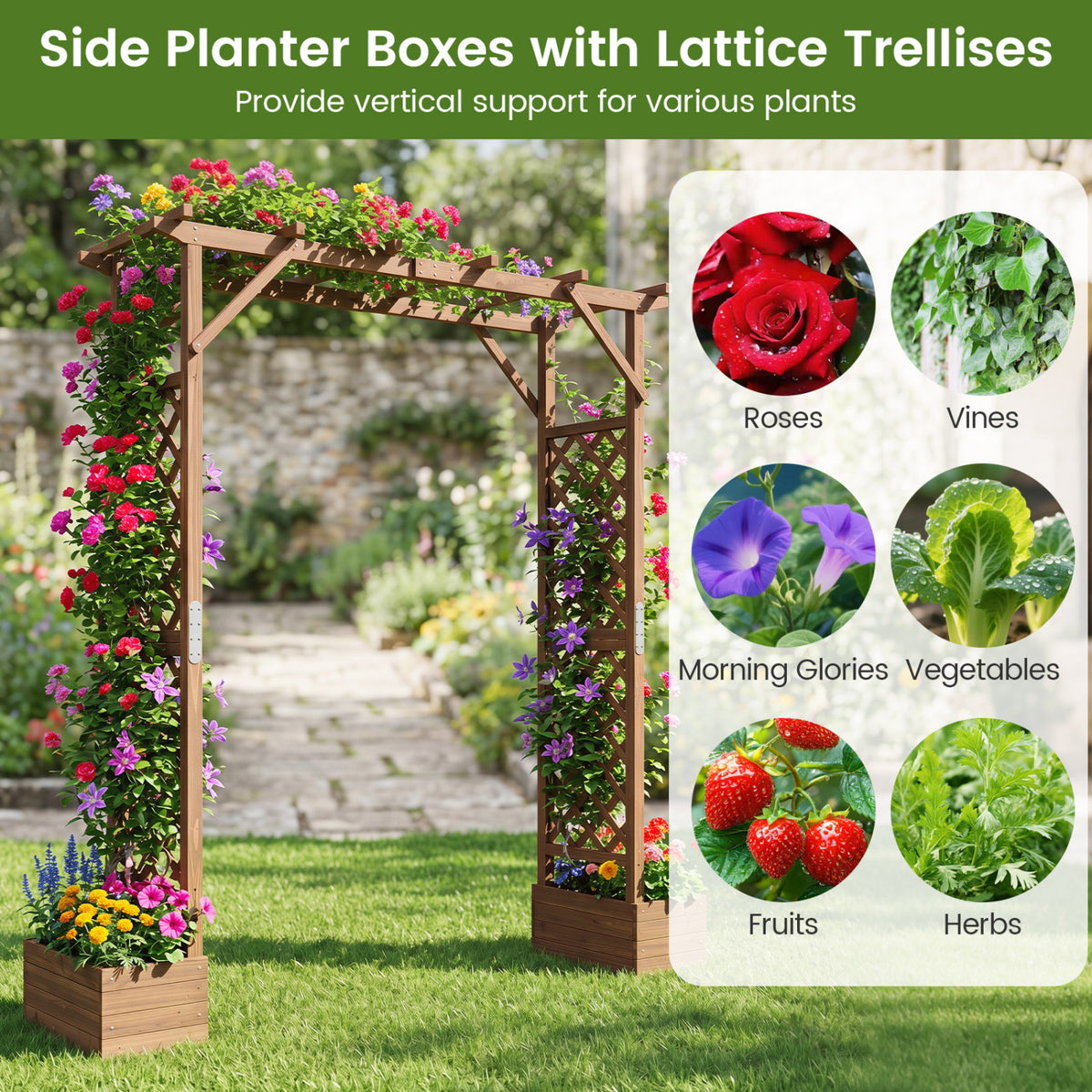 87in Tall Wooden Garden Arbor with Planter Boxes and Hanging Roof for