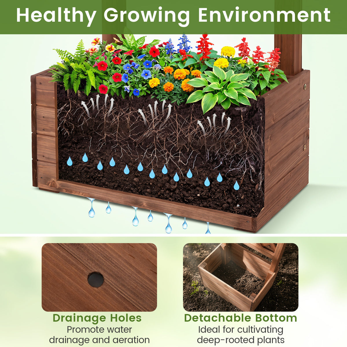 87in Tall Wooden Garden Arbor with Planter Boxes and Hanging Roof for
