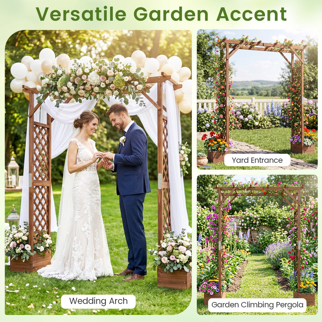 87in Tall Wooden Garden Arbor with Planter Boxes and Hanging Roof for
