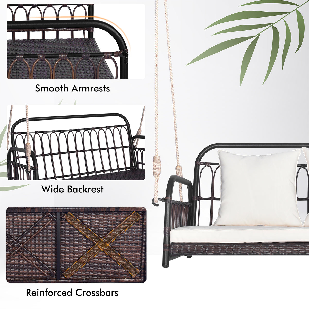 880LBS Wicker Hanging Porch Swing with Cushions