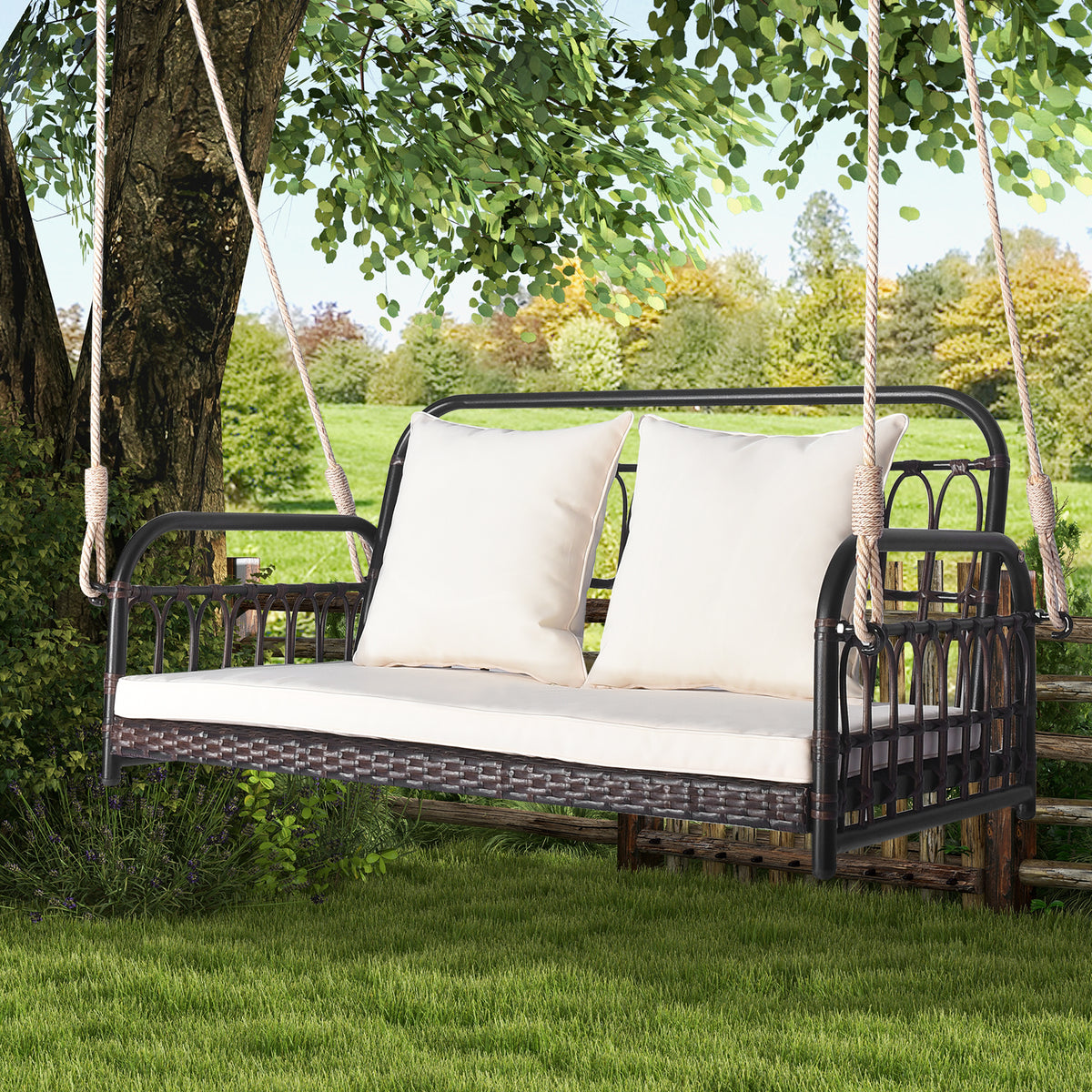 880LBS Wicker Hanging Porch Swing with Cushions
