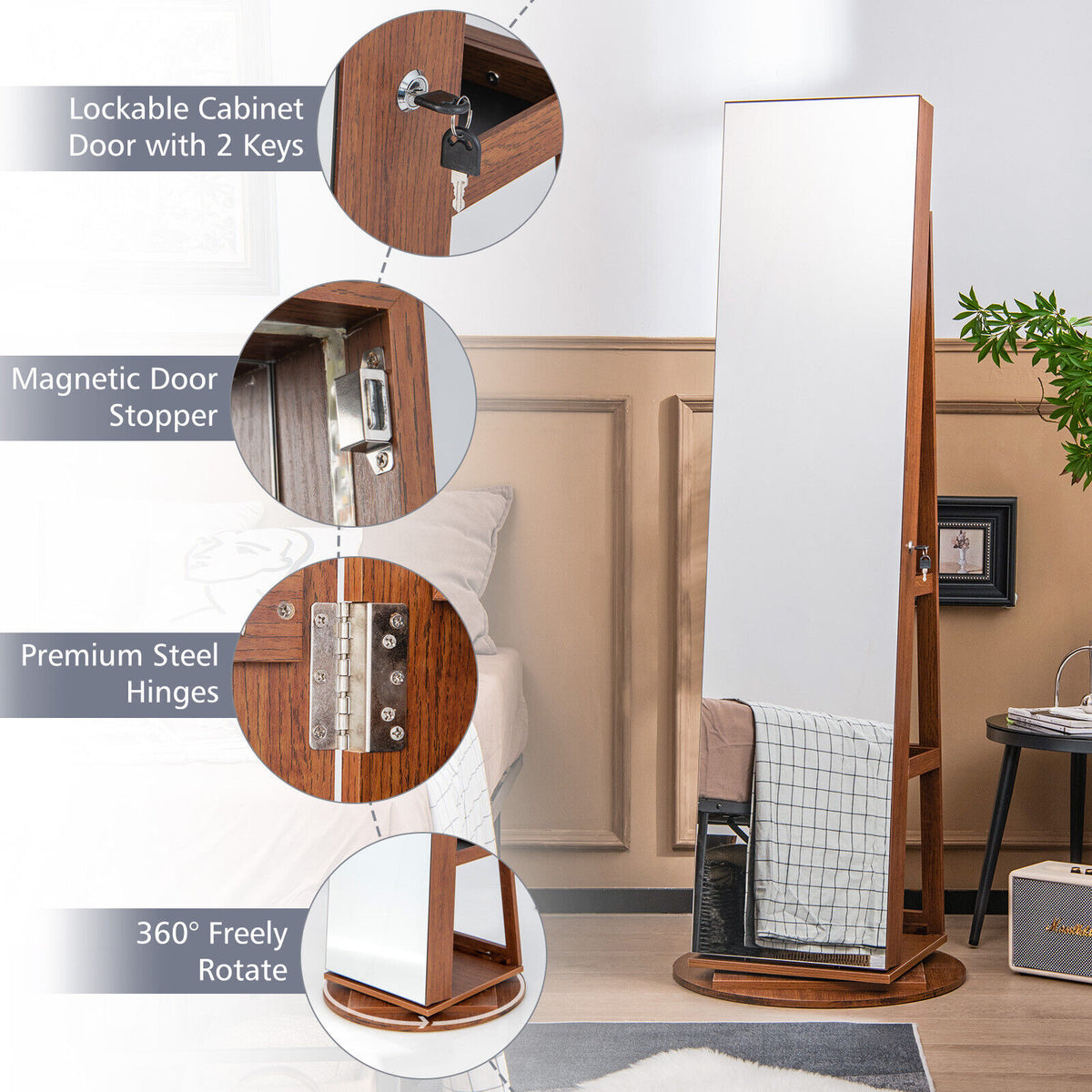 360° Rotating Jewelry Cabinet Armoire with LED Mirror - Dark Brown