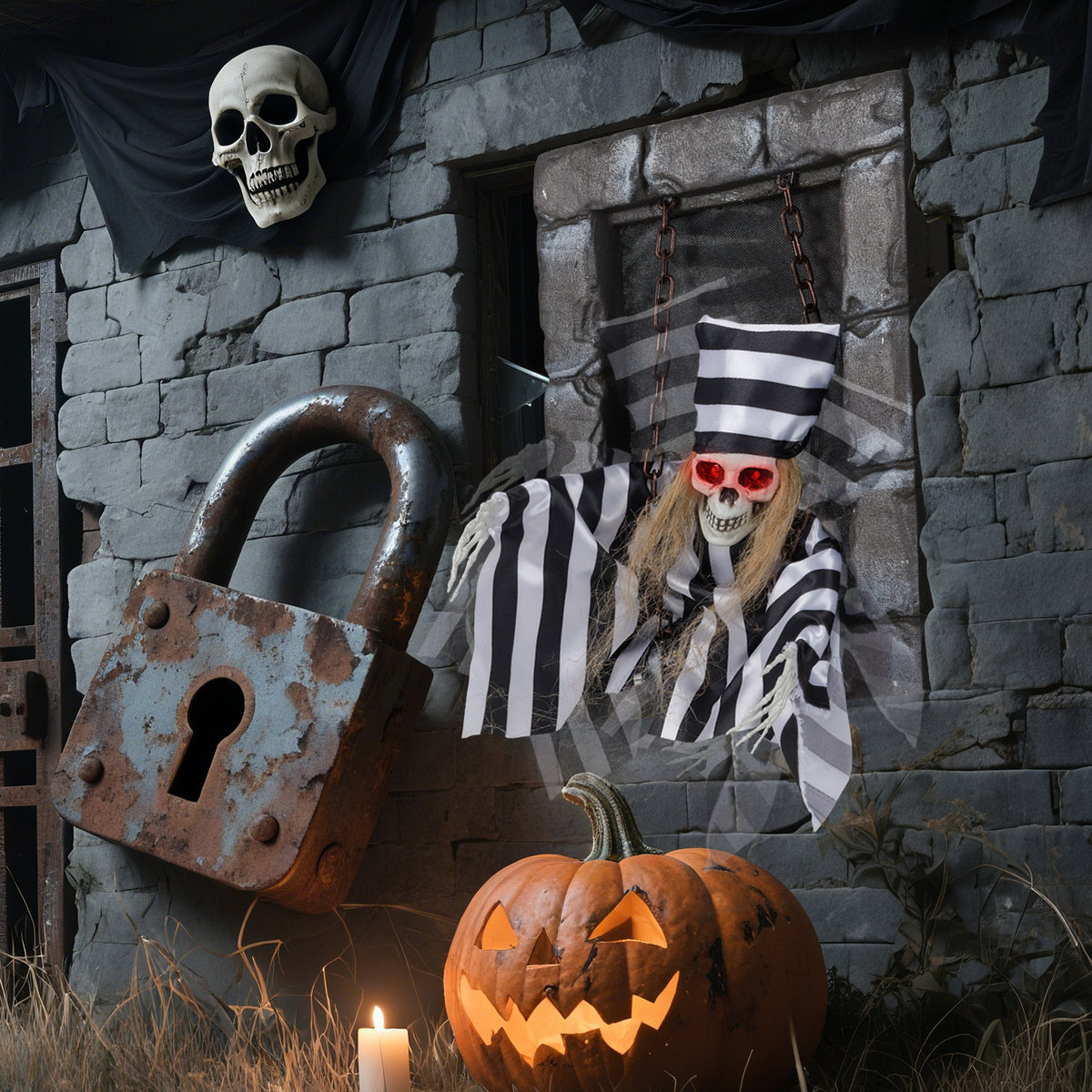 Halloween Hanging Skull Prisoner Decor - Light & Sound Activation, Variation B
