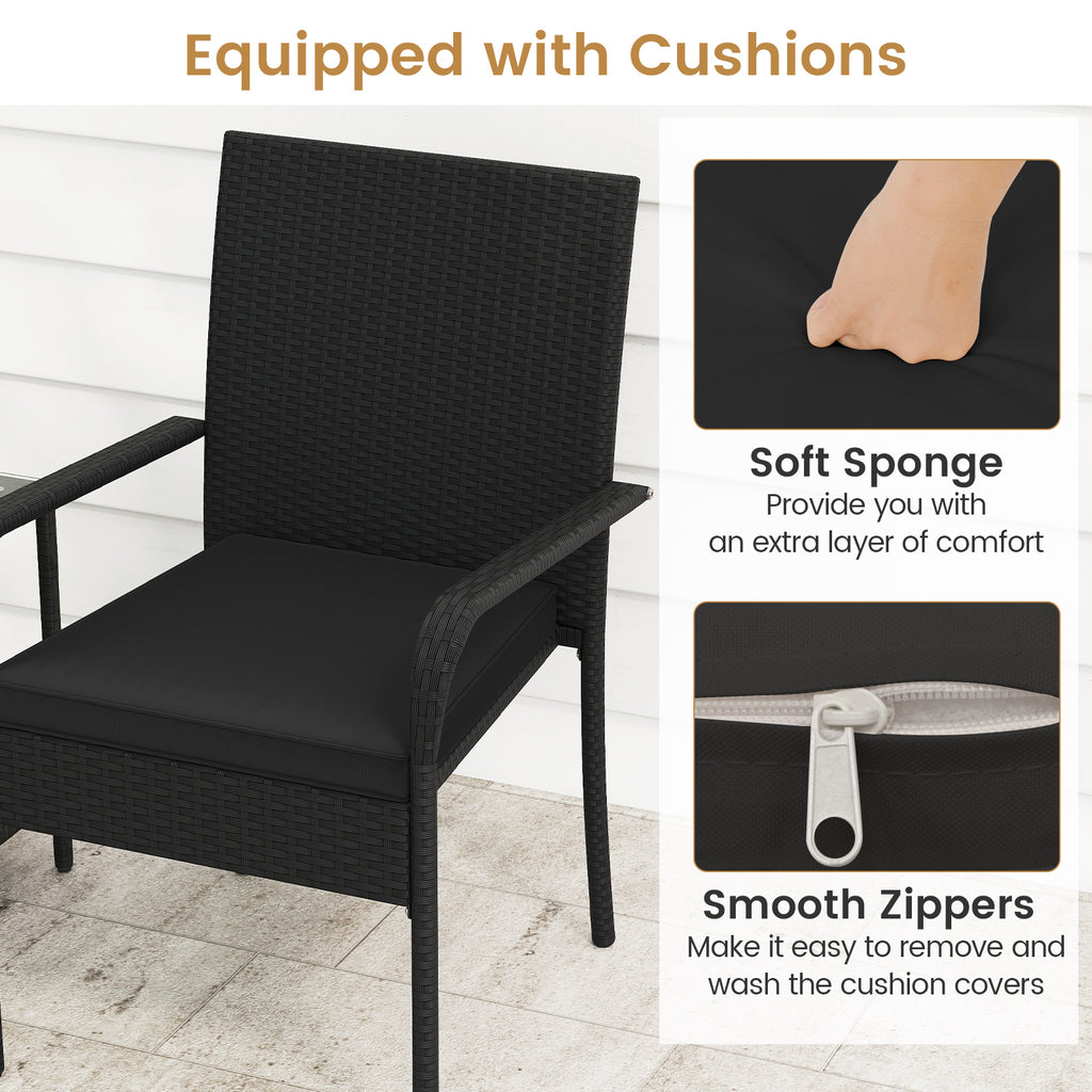 3 Piece Patio Furniture Set with Seat Cushions and Tempered Glass