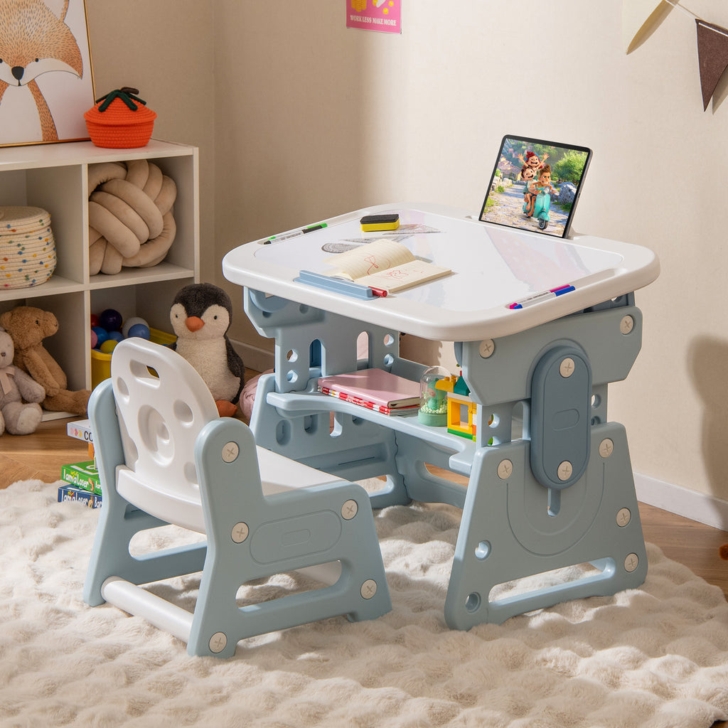 Height Adjustable Kids Table & Chair Set with Tiltable Whiteboard - Gray, HDPE Variation