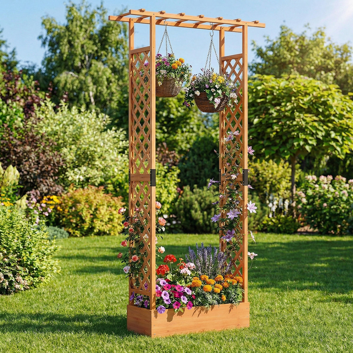 Wooden Raised Garden Bed with Trellis & Hanging Roof - 43 x 14 x 89 inch, Orange