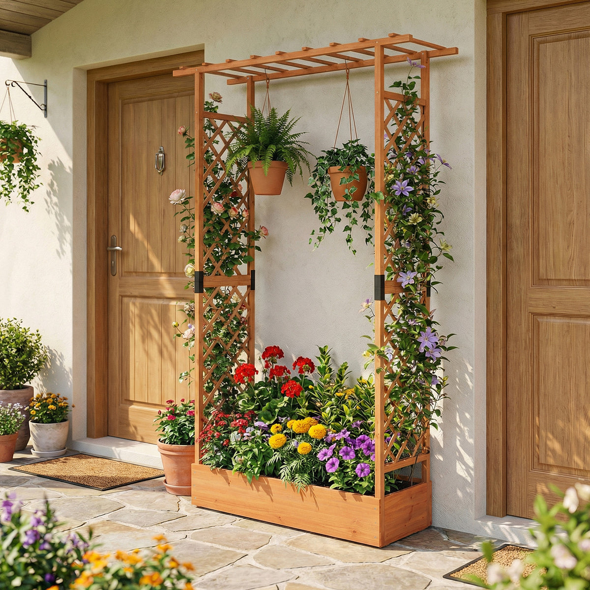 Wooden Raised Garden Bed with Trellis & Hanging Roof - 43 x 14 x 89 inch, Orange
